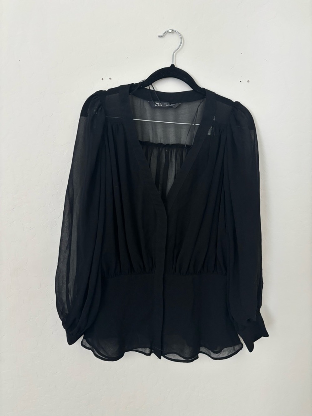 Zara Black Sheer V-Neck Long Sleeve Blouse